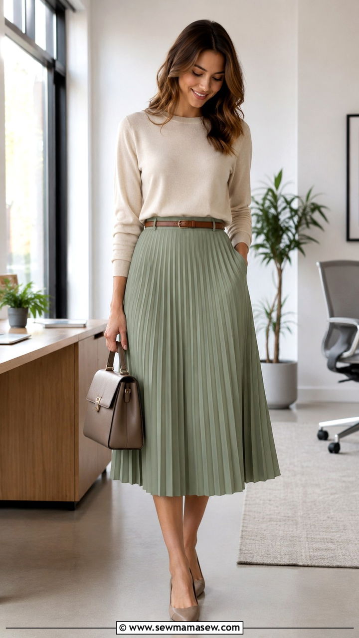 Pleated Midi Skirt With Lightweight Sweater - 30 spring trendy outfit ideas