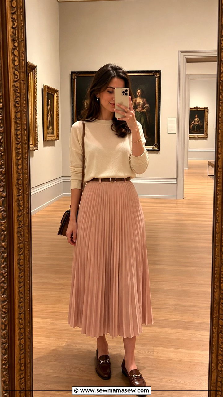 Pleated Midi Skirt With Lightweight Sweater And Loafers - 30 spring museum day outfit ideas
