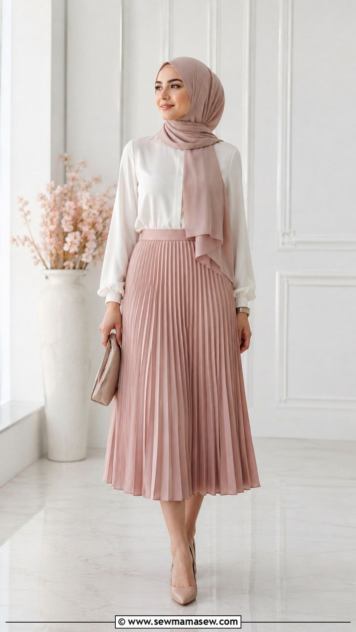 Pleated Midi Skirt With LongSleeve Blouse And Coordinated Hijab Outfit - 25 work outfits for modest women
