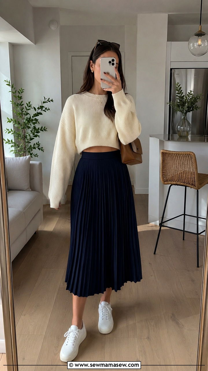 Pleated Midi Skirt With Low Top Sneakers And Cropped Sweater - 30 Pleated midi skirt outfit ideas with sneakers