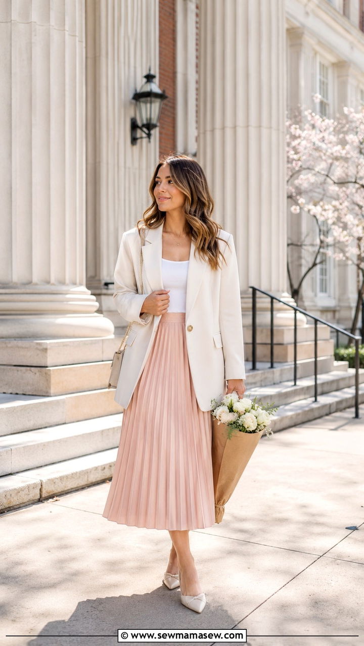 Pleated Midi Skirt With Oversized Blazer - 30 casual graduation outfits