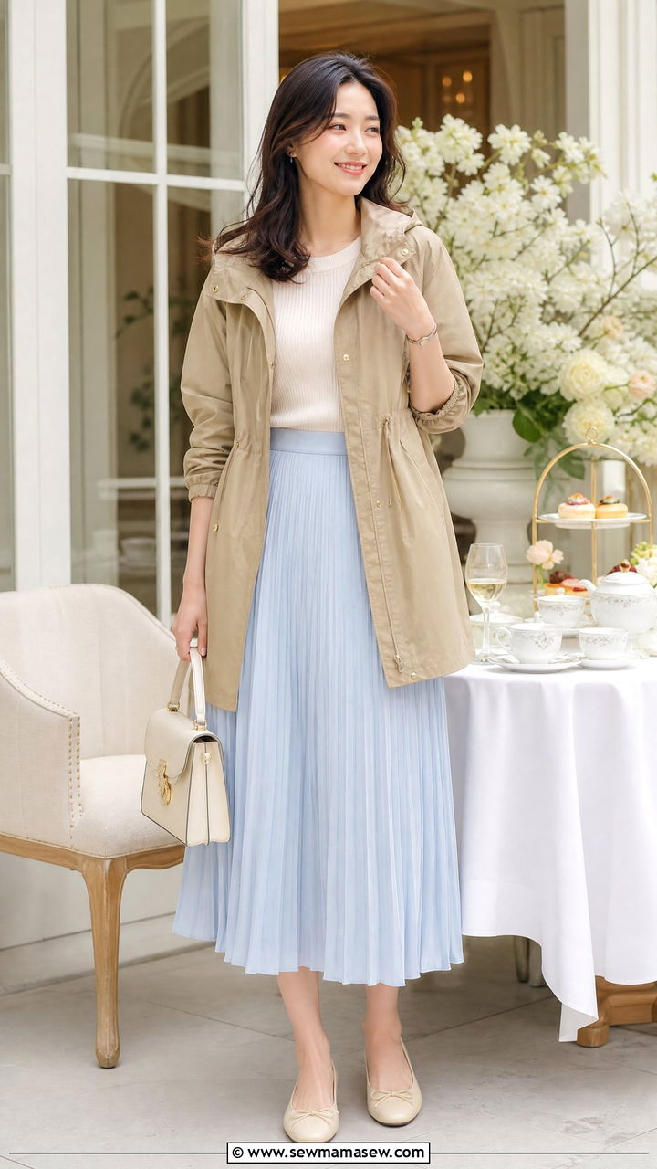 Pleated Midi Skirt With Parka and Ballet Flats - 25 Spring outfits with parka