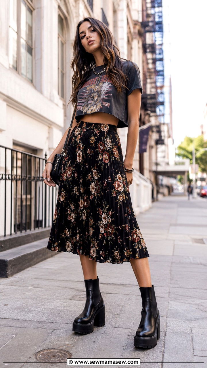 Pleated Midi Skirt With Platform Boots And Band Tee - 30 Pleated midi skirt outfit ideas with boots