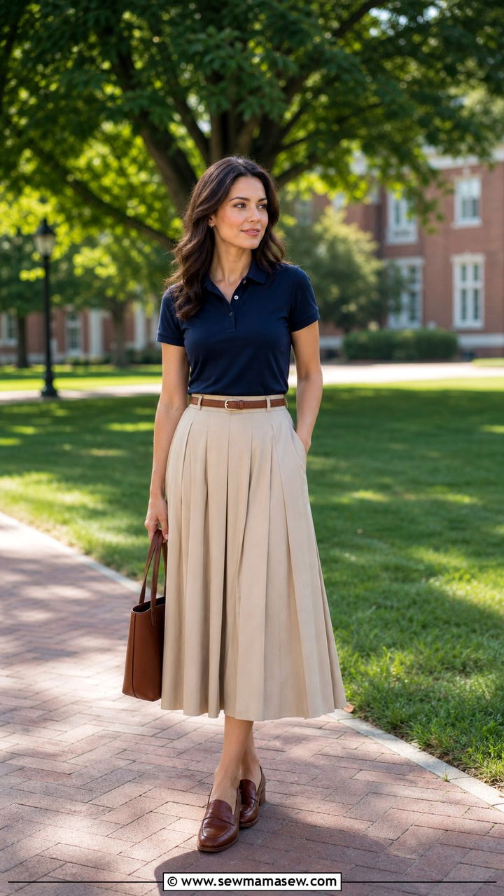 Pleated Midi Skirt With Polo Top and Loafers - 25 Elevated spring outfit ideas 2026