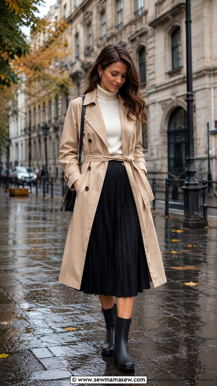 Pleated Midi Skirt With Rain Boots And Trench Coat - 30 Pleated midi skirt outfit ideas with boots