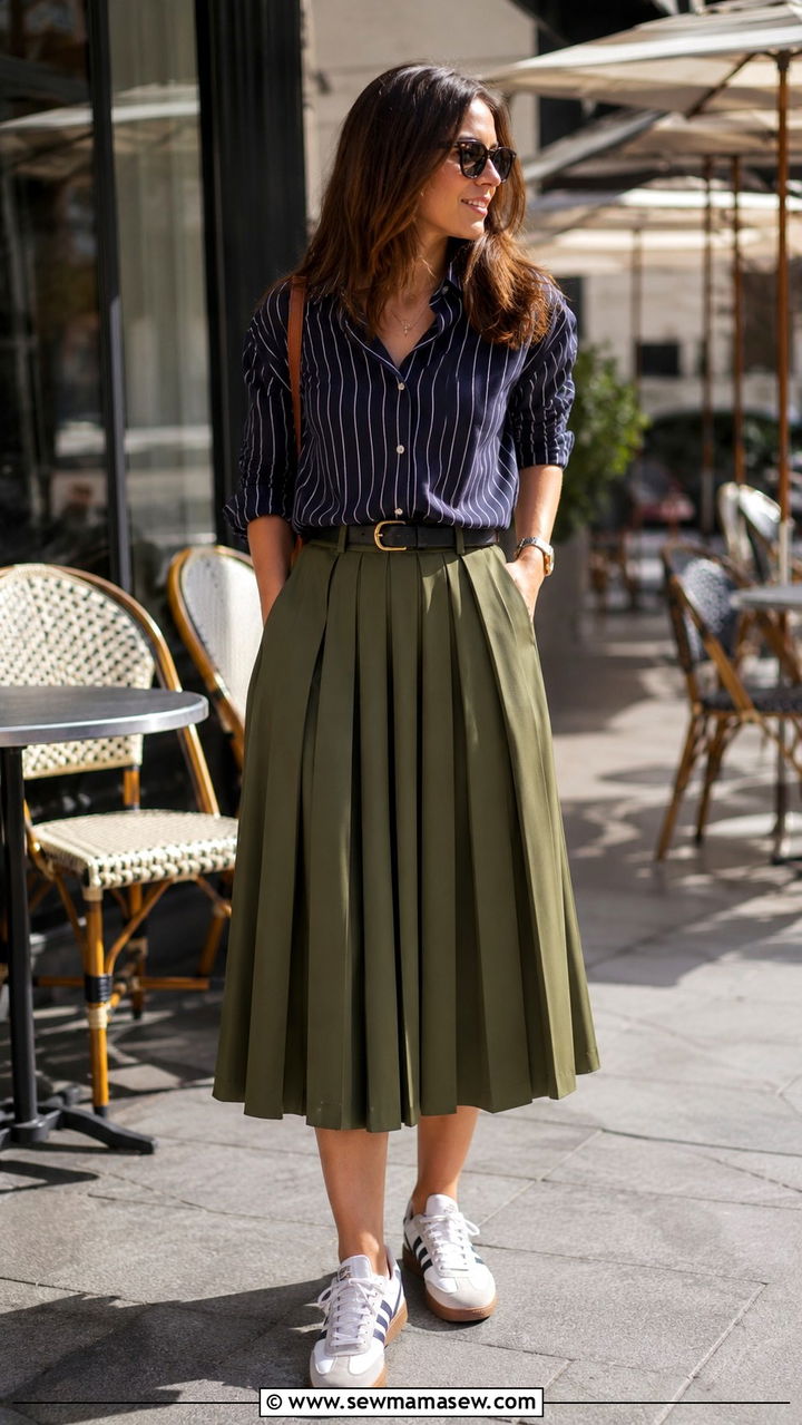 Pleated Midi Skirt With Retro Sneakers And Striped Shirt - 30 Pleated midi skirt outfit ideas with sneakers
