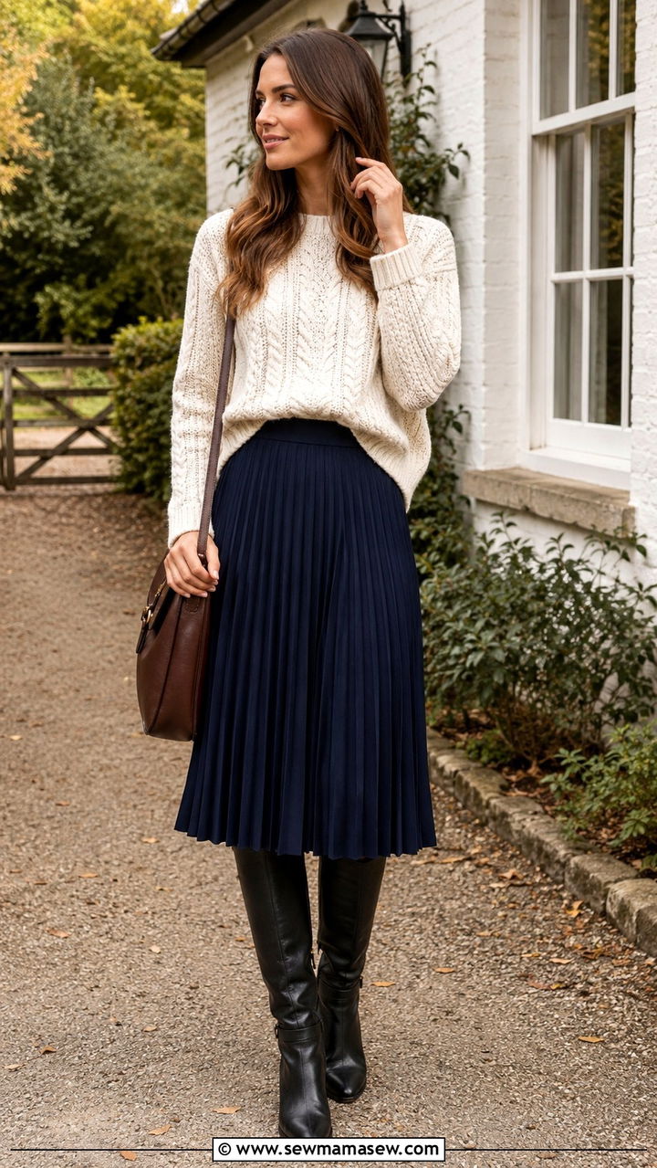 Pleated Midi Skirt With Riding Boots And Cable Knit Sweater - 30 Pleated midi skirt outfit ideas with boots