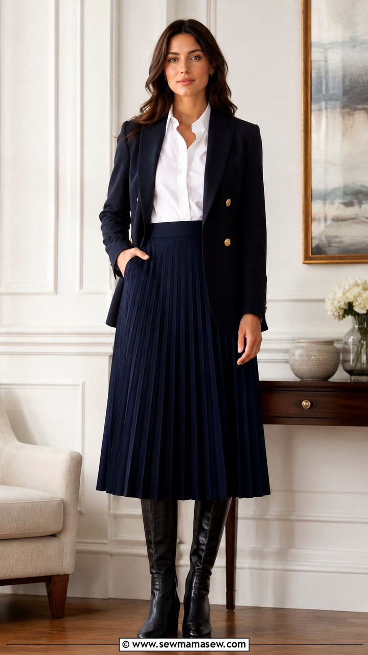 Pleated Midi Skirt With Riding Boots - 30 Midi skirt outfit ideas with boots