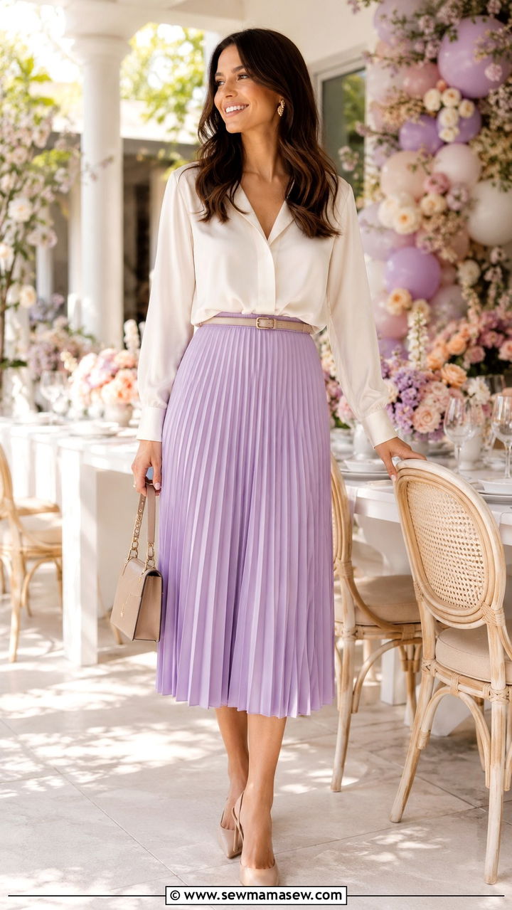 Pleated Midi Skirt With Silk Blouse - 25 seasonal bridal shower outfit ideas