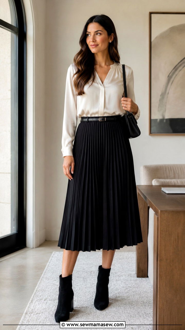 Pleated Midi Skirt With Silk Blouse And Ankle Boots - 30 Legal conference outfit ideas