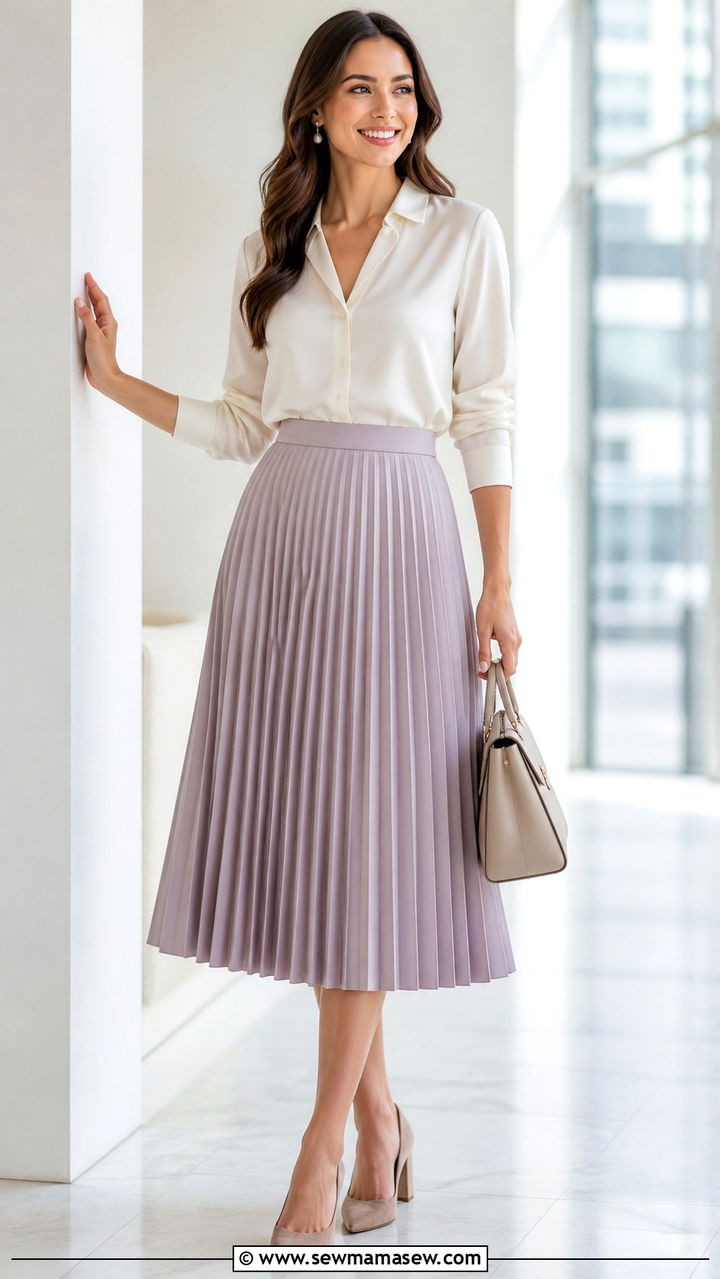 Pleated Midi Skirt With Silk Blouse And Block Heels - 40 work outfits
