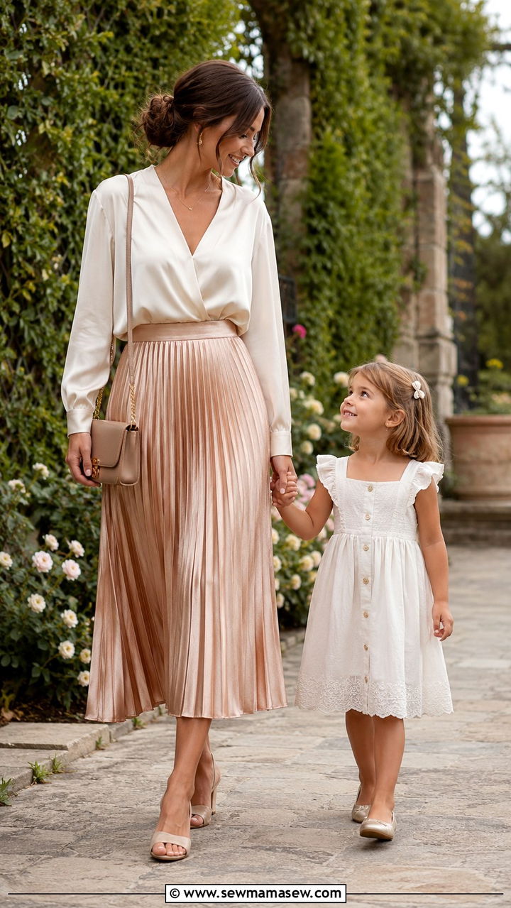 Pleated Midi Skirt With Silk Blouse And Heeled Mules - 25 Wedding guest outfit ideas with kids in tow