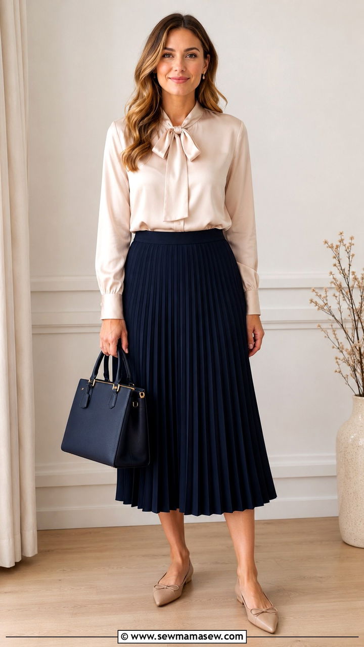 Pleated Midi Skirt With Silk Blouse and Pointed Flats - 30 business casual outfits 2026