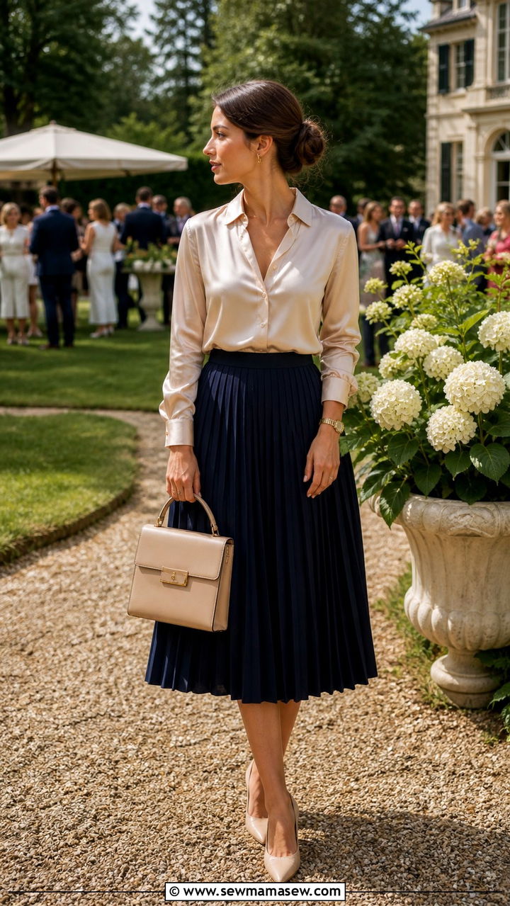 Pleated Midi Skirt With Silk Blouse and Slingback Pumps - 40 old money outfit ideas for women
