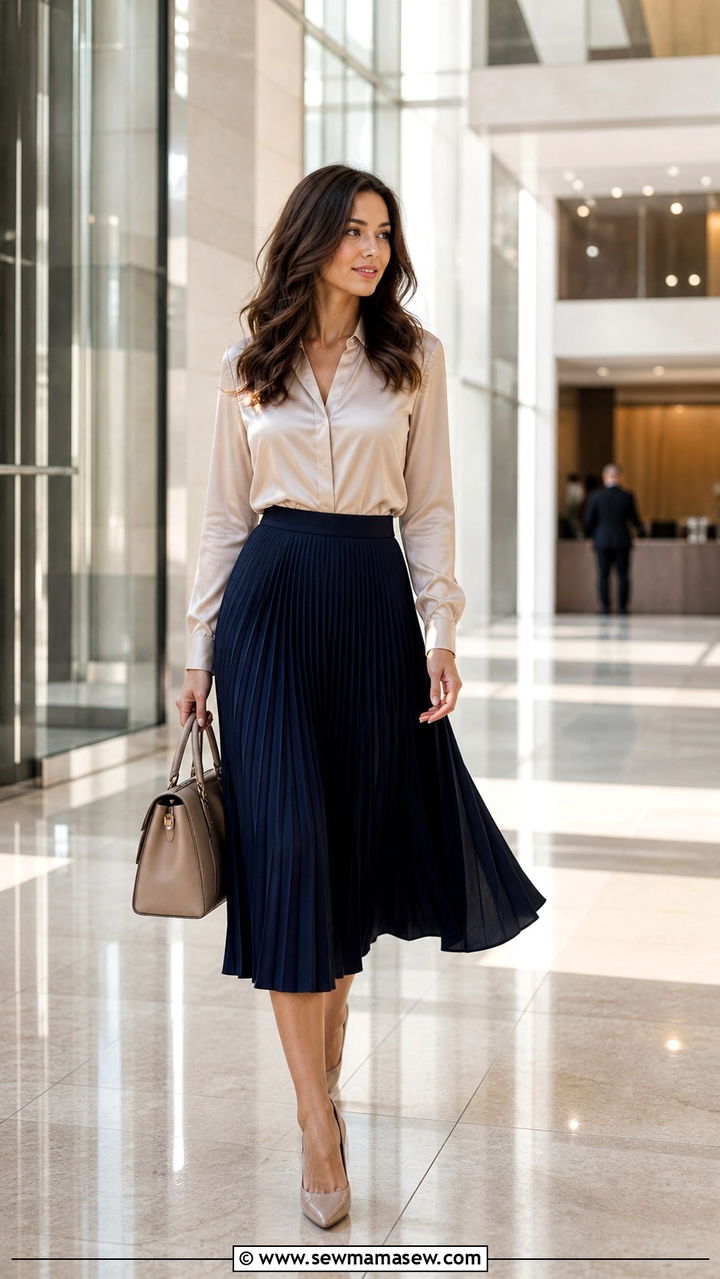 Pleated Midi Skirt With Silk Blouse - 40 Lawyer outfit ideas