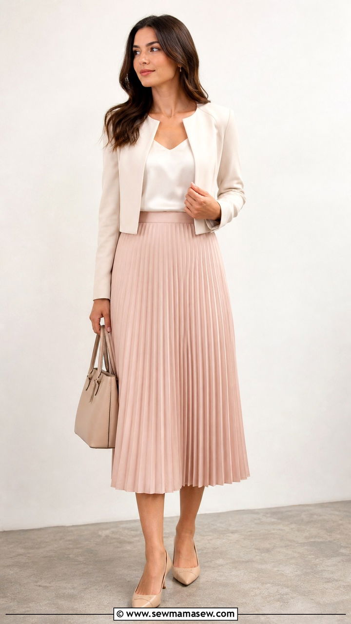 Pleated Midi Skirt With Silk Camisole And Cropped Jacket - 40 casual work outfits