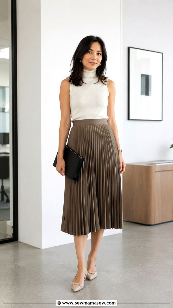 Pleated Midi Skirt With Sleeveless Turtleneck - 30 Petite work outfit ideas summer