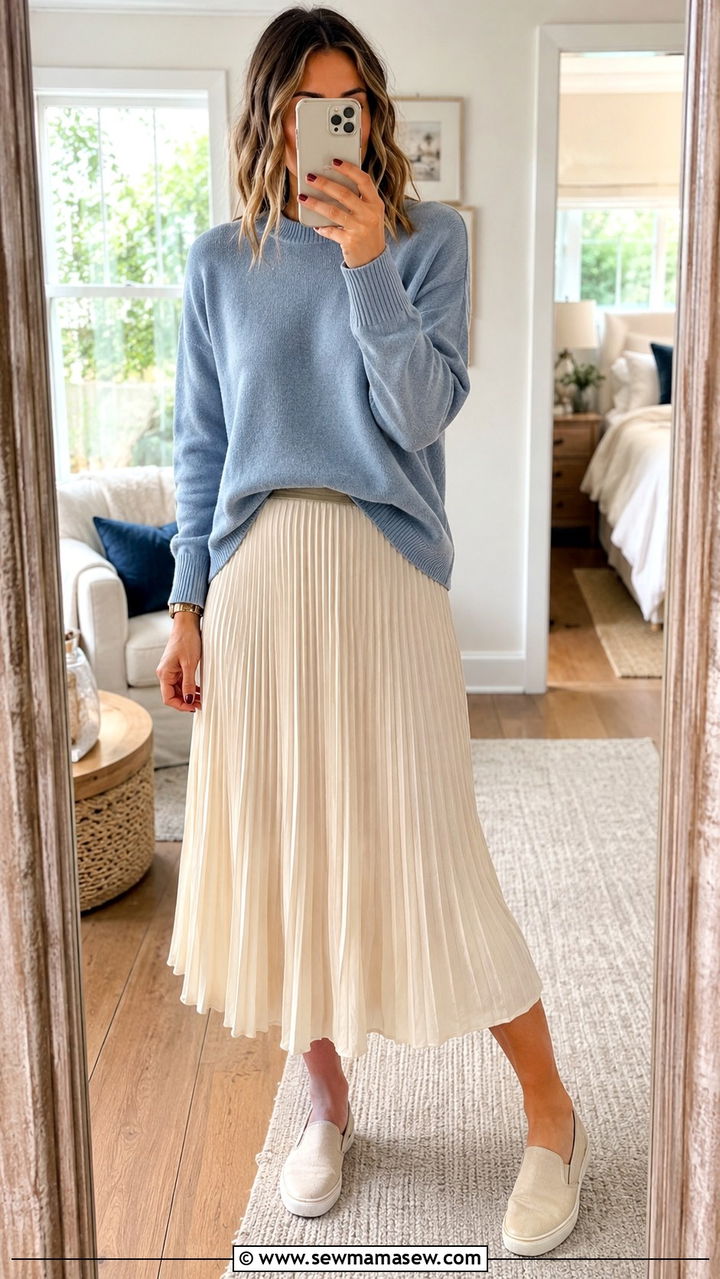 Pleated Midi Skirt With Slip On Canvas Sneakers And Light Sweater - 30 Pleated midi skirt outfit ideas with sneakers