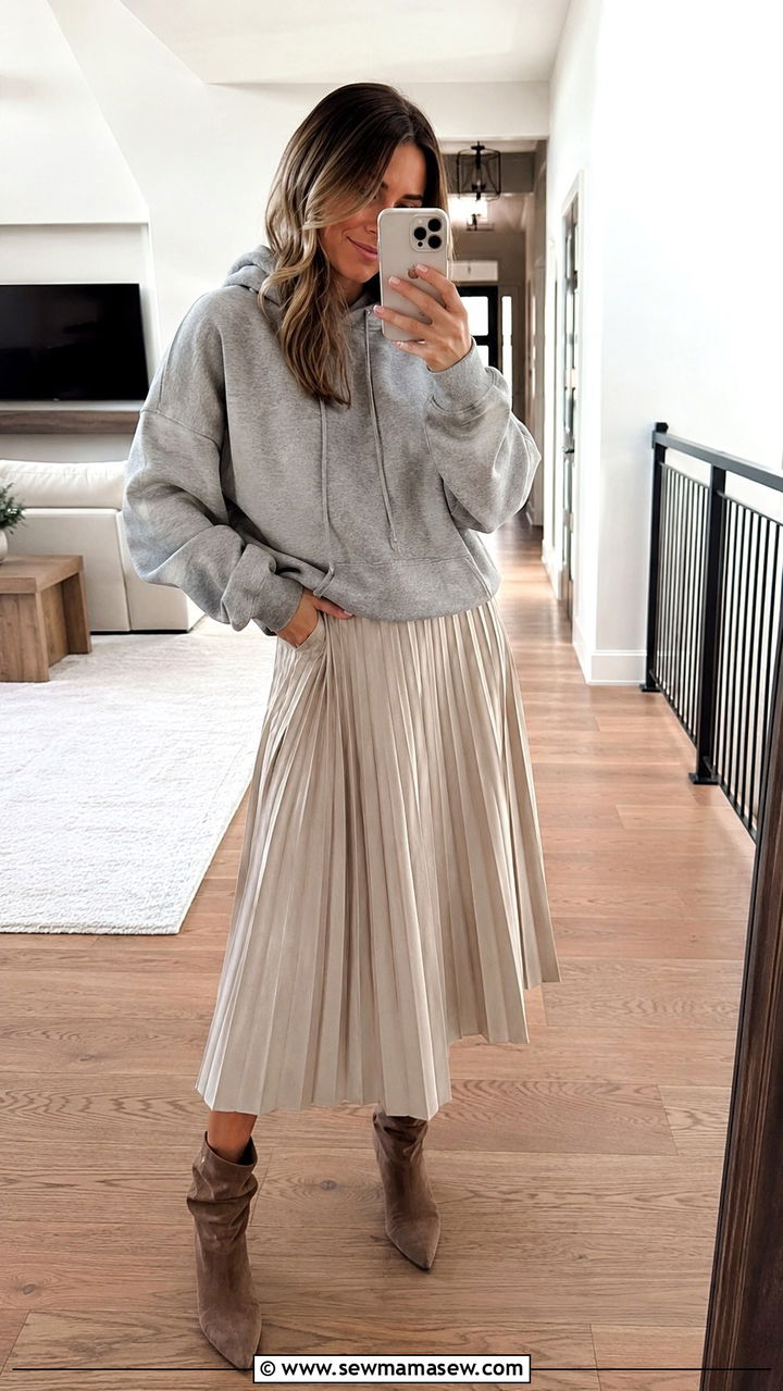 Pleated Midi Skirt With Slouchy Boots And Hoodie - 30 Pleated midi skirt outfit ideas with boots