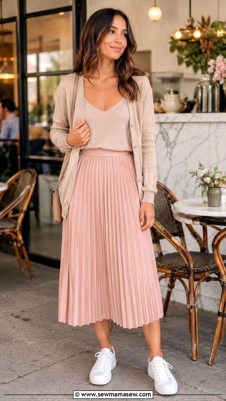 Pleated Midi Skirt With Sneakers And Camisole Cardigan Set - 30 Pleated midi skirt outfit ideas with sneakers
