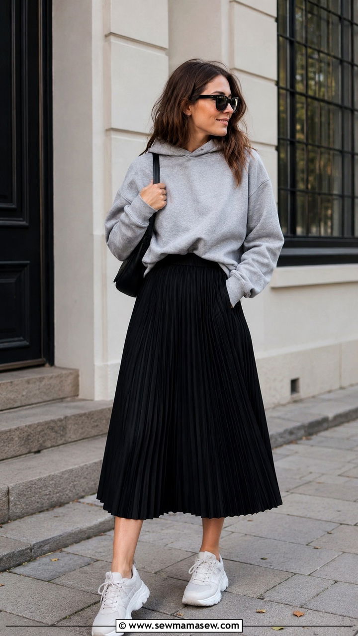Pleated Midi Skirt With Sneakers And Hoodie Outfit - 30 Pleated midi skirt outfit ideas with sneakers