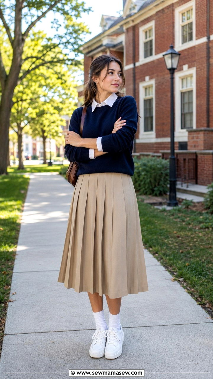Pleated Midi Skirt With Sneakers And Socks Preppy Look - 30 Pleated midi skirt outfit ideas with sneakers