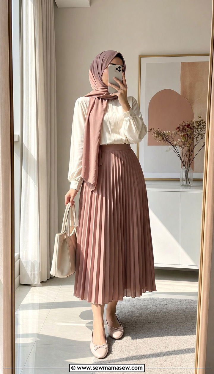 Pleated Midi Skirt With Soft Blouse Outfit - 25 spring outfits for hijab women
