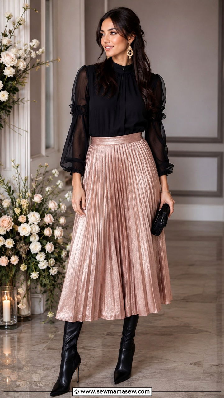 Pleated Midi Skirt With Stiletto Boots And Statement Blouse - 30 Pleated midi skirt outfit ideas with boots
