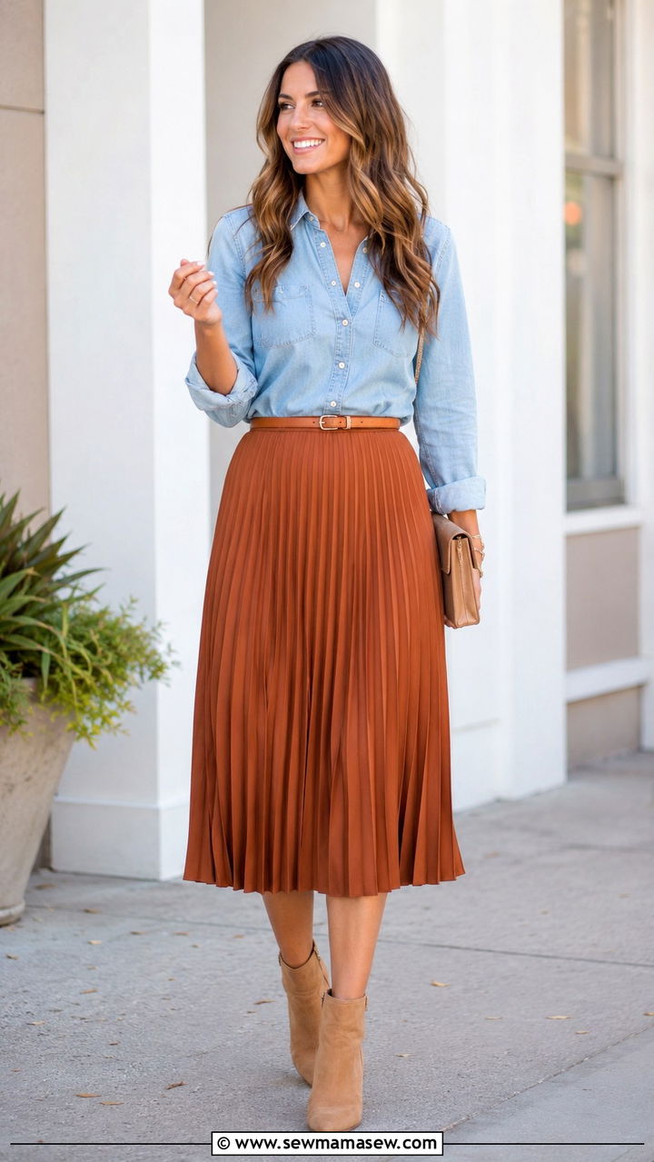 Pleated Midi Skirt With Suede Ankle Boots And Button Down - 30 Pleated midi skirt outfit ideas with boots