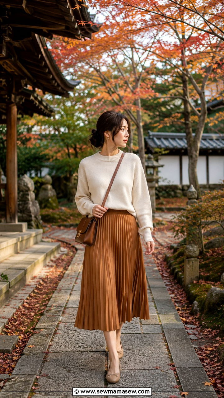 Pleated Midi Skirt With Sweater Kyoto - 30 Kyoto outfit ideas