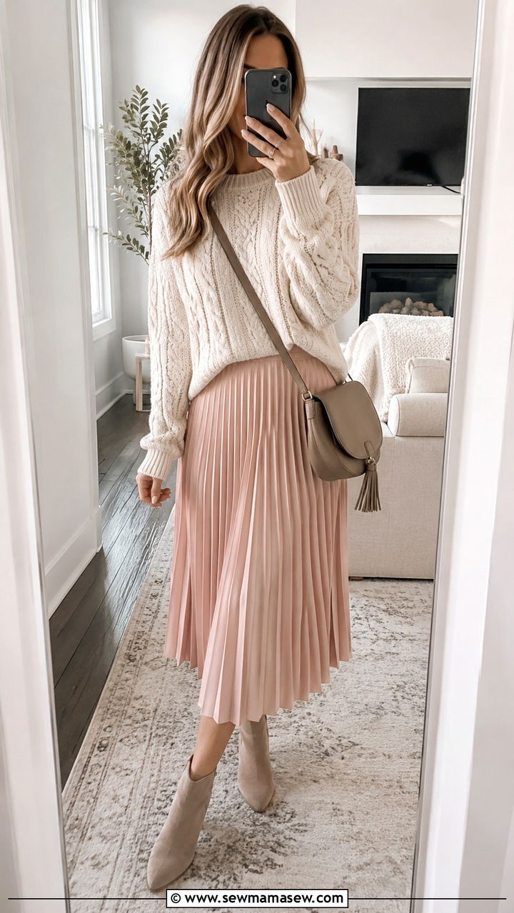 Pleated Midi Skirt With Sweater Outfit - 30 casual modest classy outfits