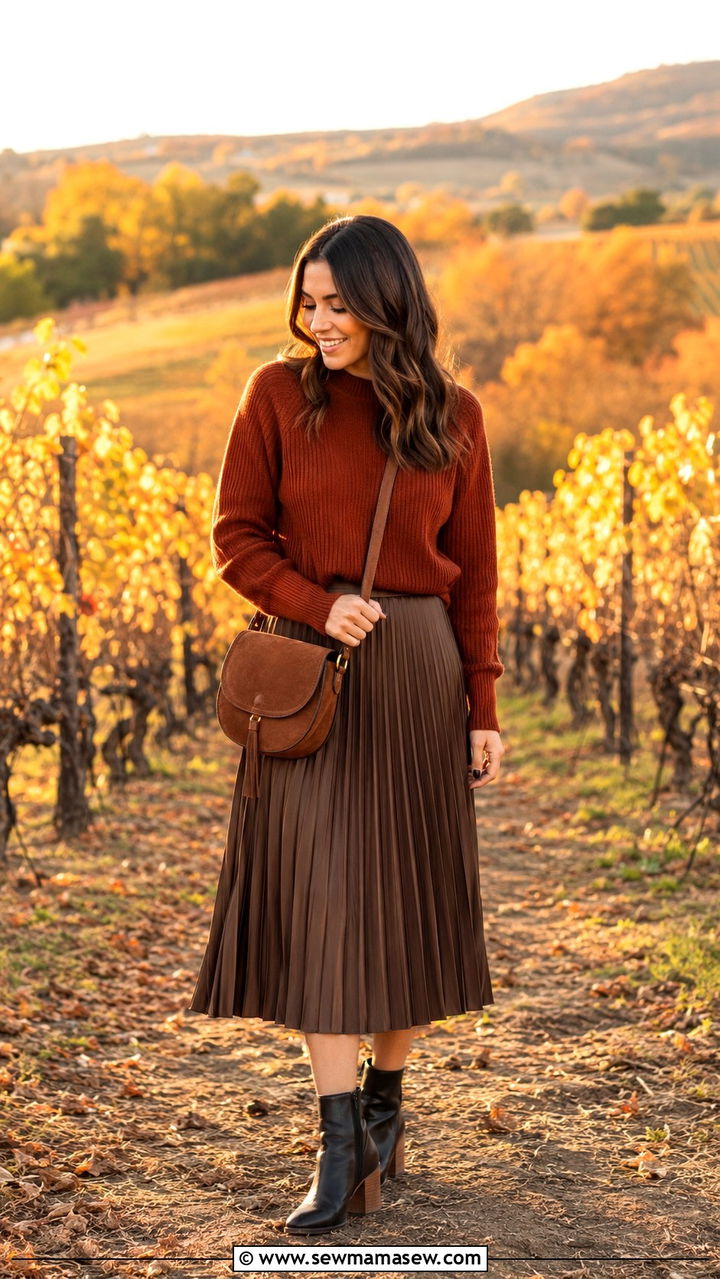 Pleated Midi Skirt With Sweater and Ankle Boots - 30 Pleated skirt outfit ideas with a sweater