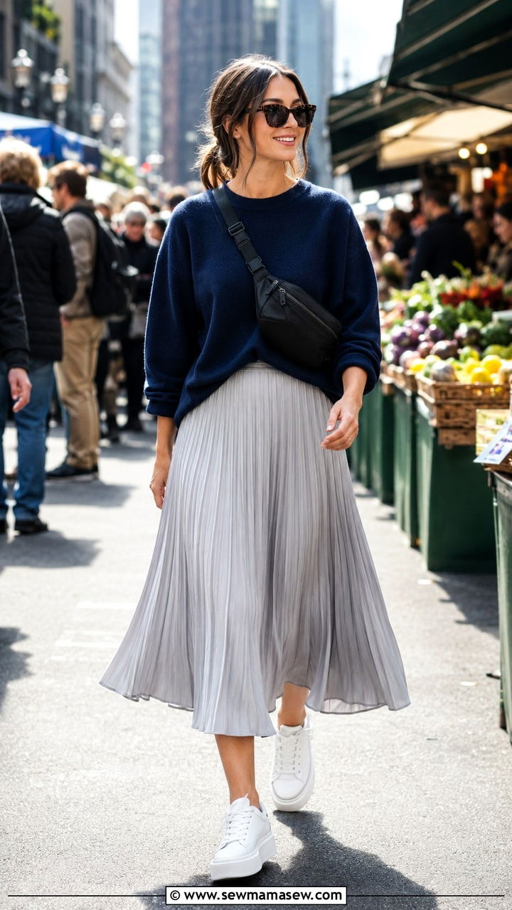 Pleated Midi Skirt With Sweater and White Sneakers - 30 Pleated skirt outfit ideas with a sweater