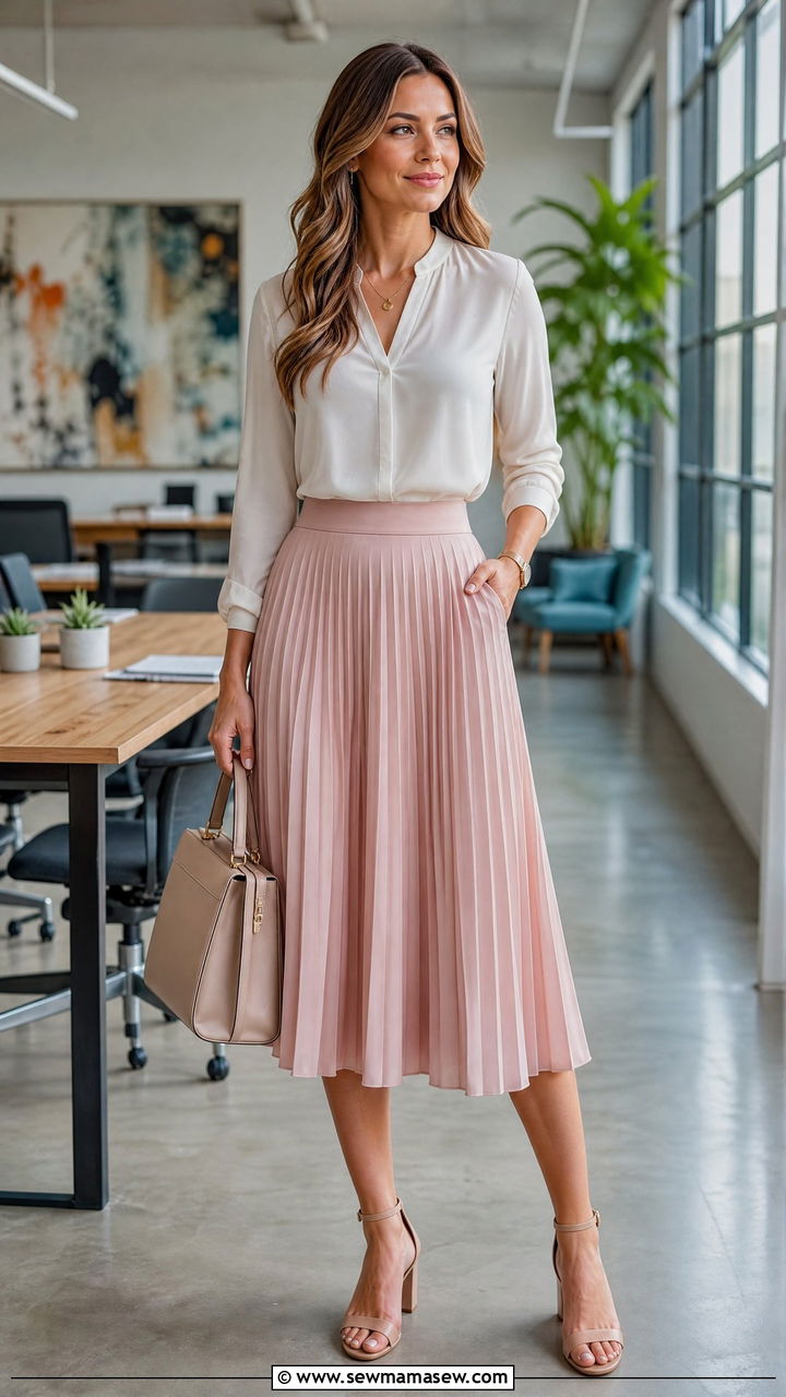Pleated Midi Skirt With Tucked In Blouse And Block Heels - 30 Hr manager outfit ideas