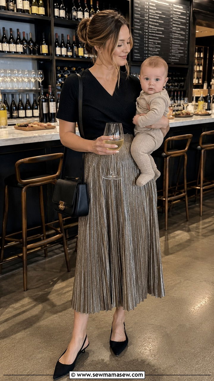Pleated Midi Skirt With Tucked In Knit Tee Postpartum Night Outfit - 25 Postpartum first night out outfit ideas