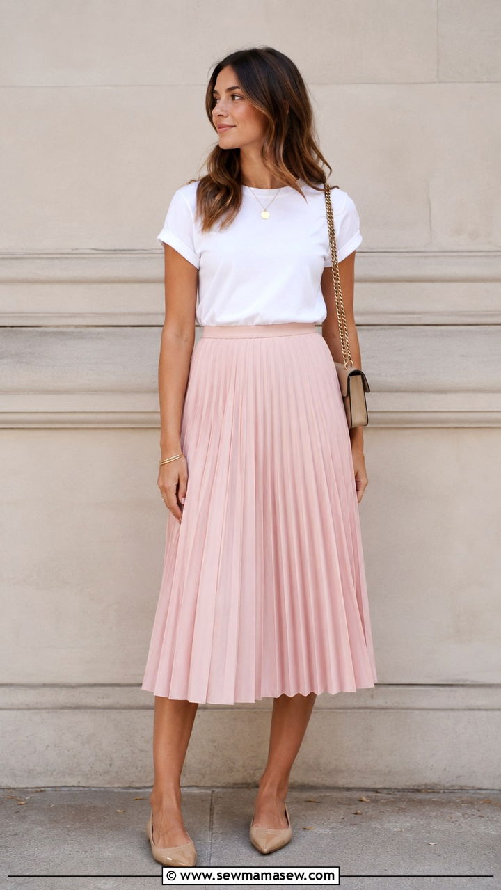 Pleated Midi Skirt With Tucked In Tee - 30 Parisian summer outfit ideas