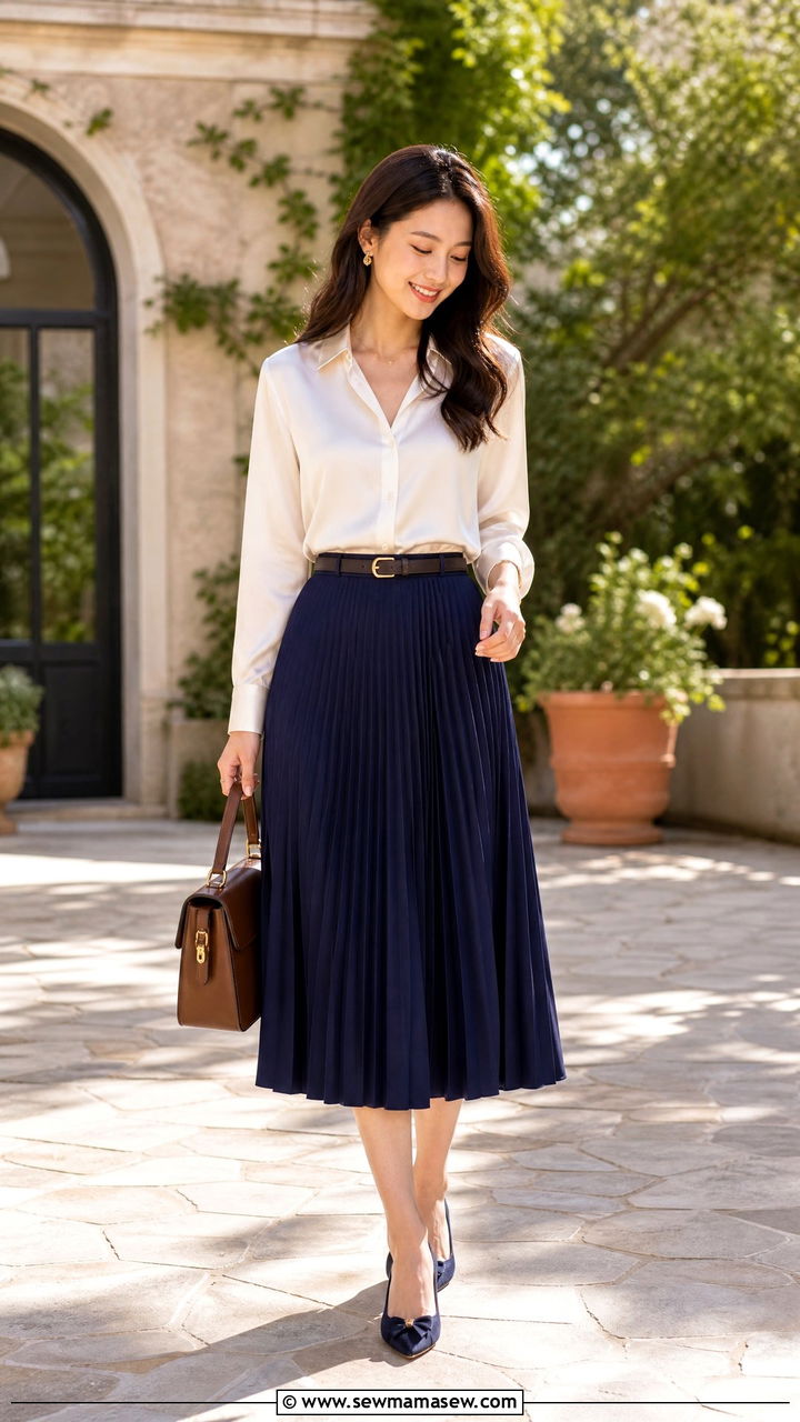 Pleated Midi Skirt With Tucked Silk Blouse - 25 Female entrepreneur outfit ideas
