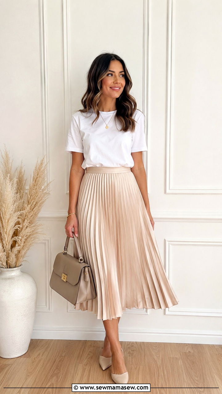 Pleated Midi Skirt With Tucked Tee - 30 Rich mom outfit ideas 2026