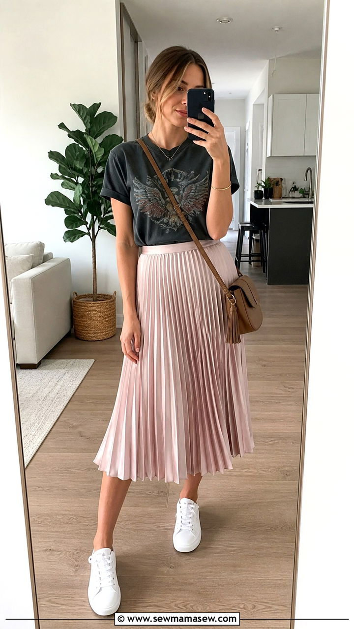 Pleated Midi Skirt With Tucked in Graphic Tee - 40 Cute spring outfits