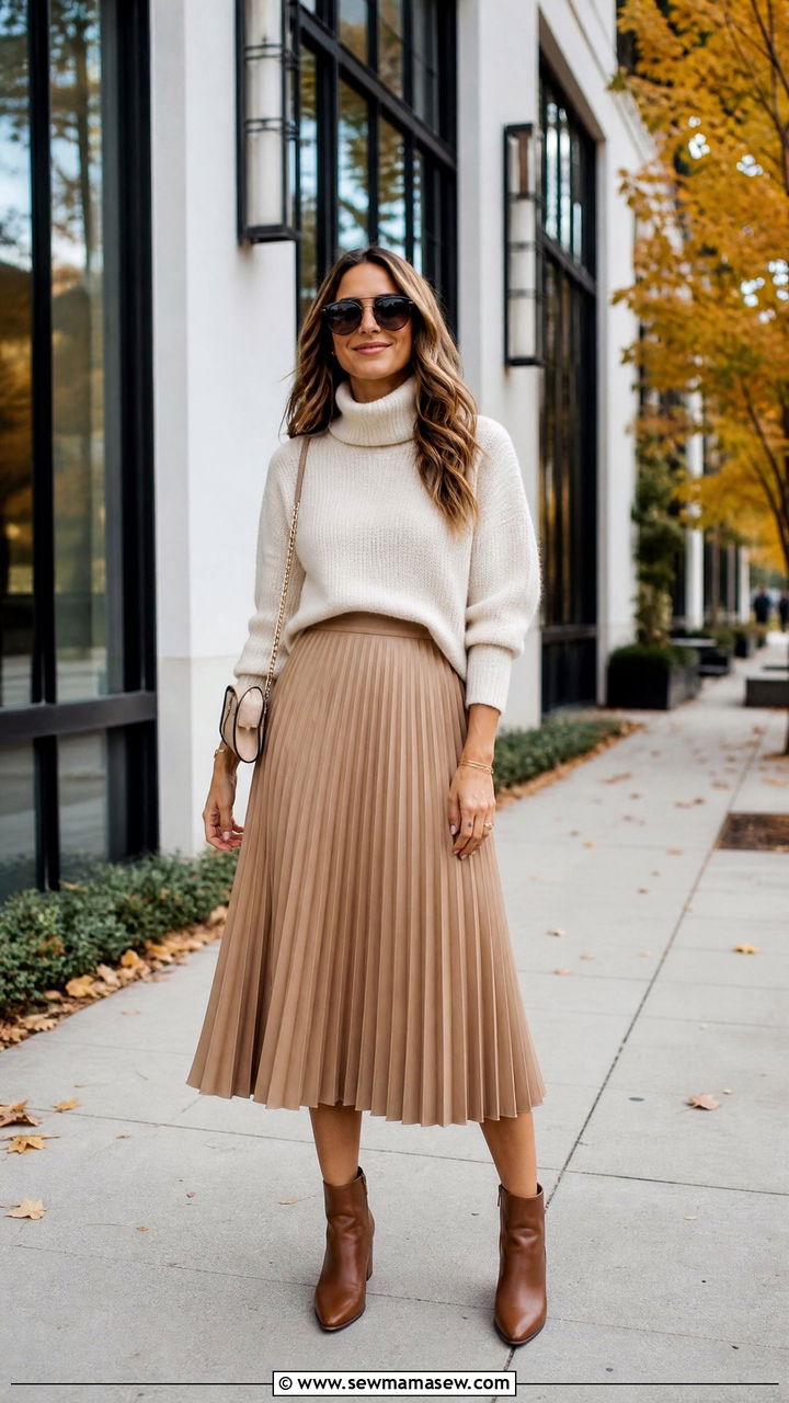 Pleated Midi Skirt With Turtleneck And Ankle Boots - 40 midi skirt outfit ideas