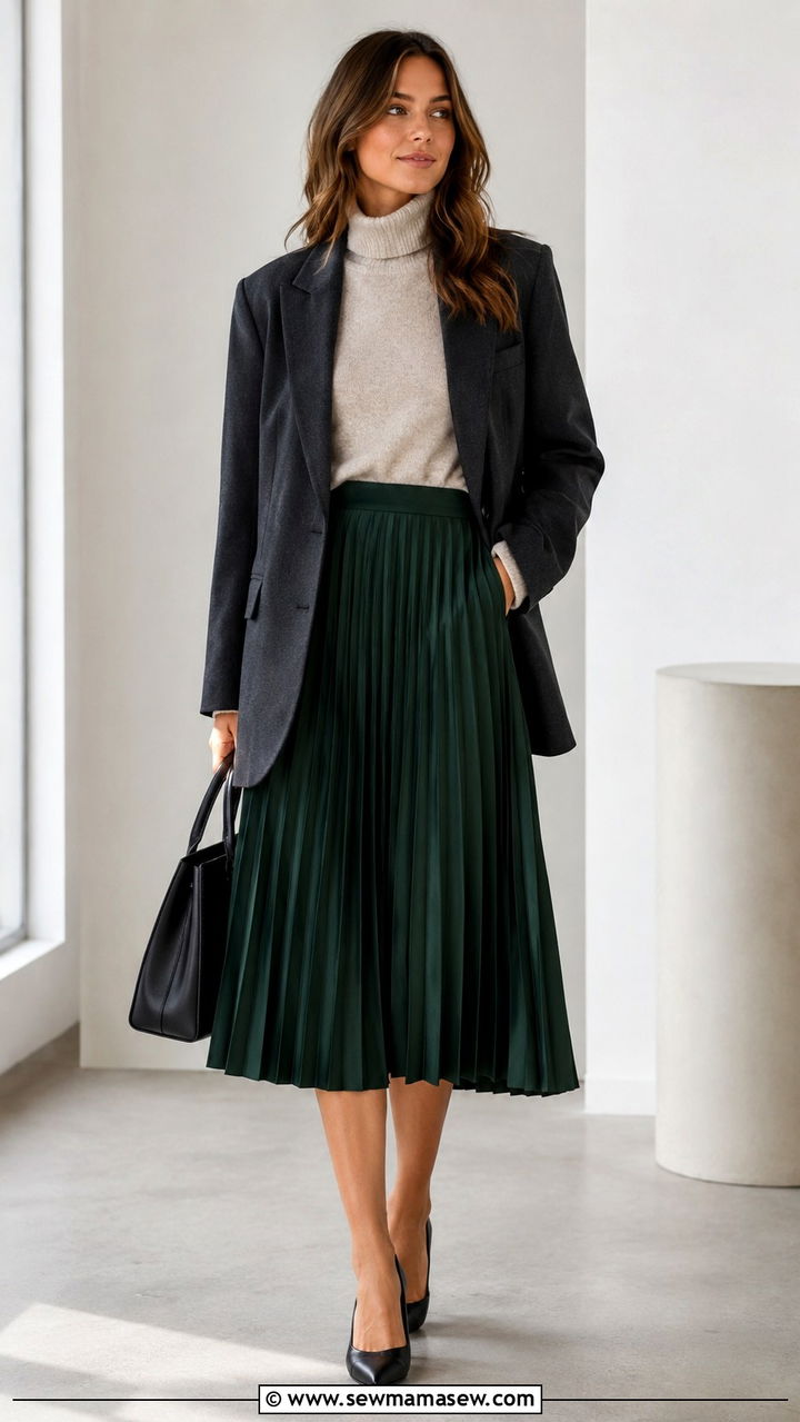Pleated Midi Skirt With Turtleneck And Oversized Blazer Outfit - 25 work outfits for modest women