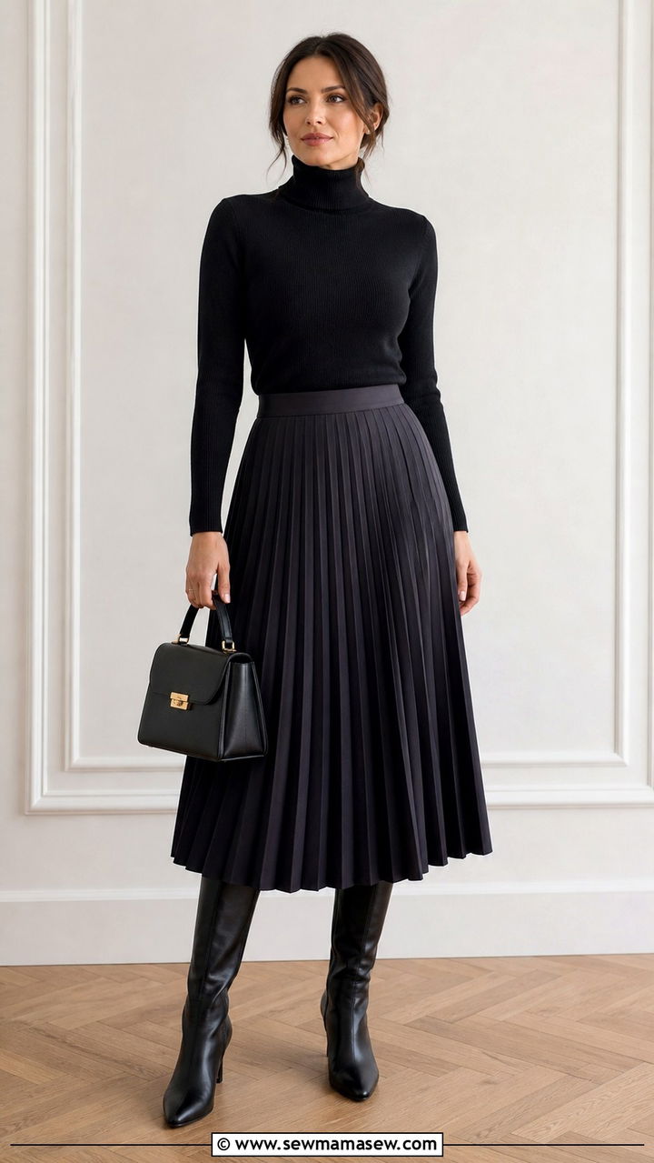 Pleated Midi Skirt With Turtleneck Knit And Knee High Boots - 40 dinner outfits for women