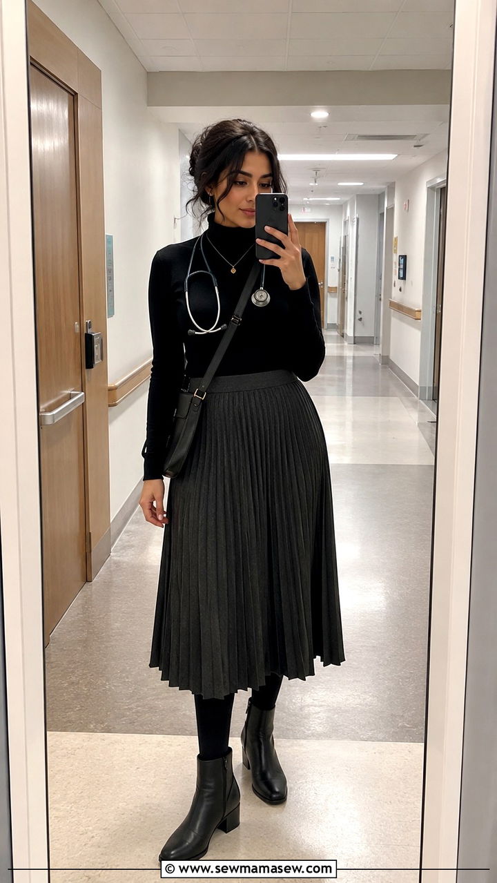 Pleated Midi Skirt With Turtleneck Sweater - 20 Modest outfit ideas for doctor