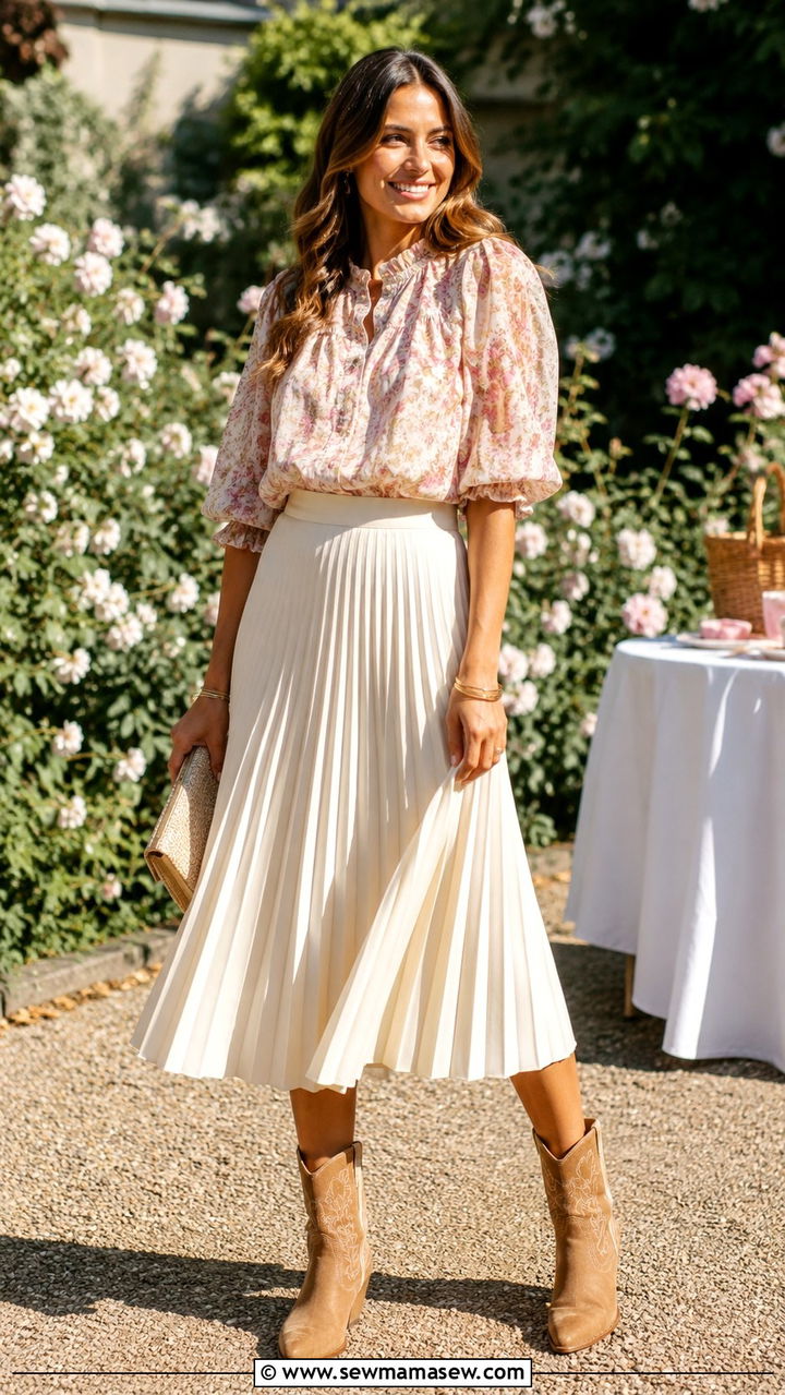 Pleated Midi Skirt With Western Ankle Boots And Floral Blouse - 30 Pleated midi skirt outfit ideas with boots