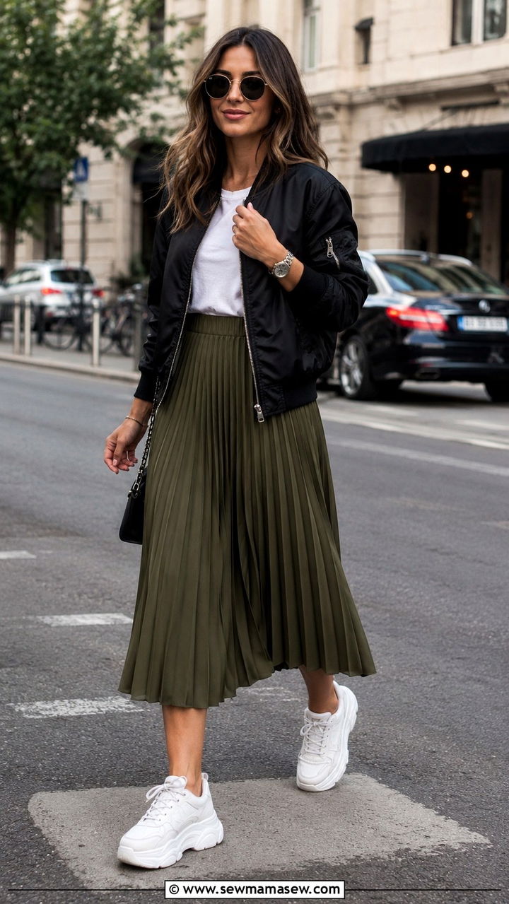 Pleated Midi Skirt With White Chunky Sneakers And Bomber Jacket - 30 Pleated midi skirt outfit ideas with sneakers