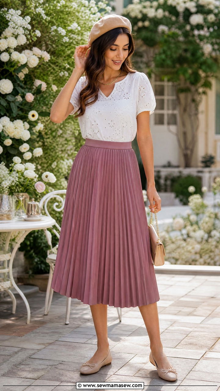 Pleated Midi Skirt With White Eyelet Top - 25 Laid back spring outfit ideas 2026