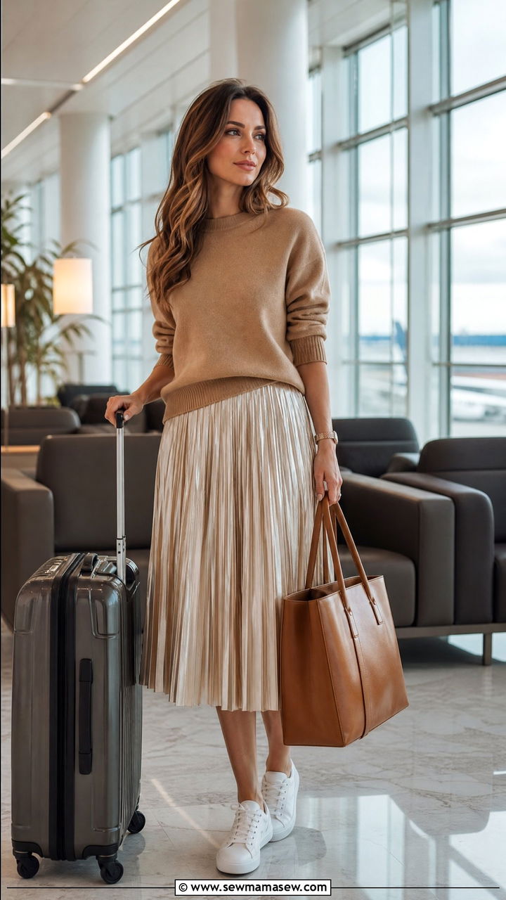 Pleated Midi Skirt With a Cashmere Sweater Outfit - 30 Elegant airport outfit ideas