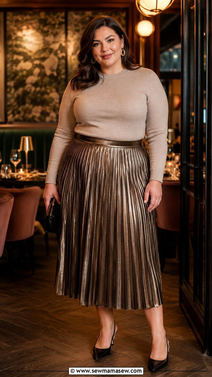 Pleated Midi Skirt With a Cashmere Sweater and Slingback Heels - 20 Plus size outfit ideas size 18