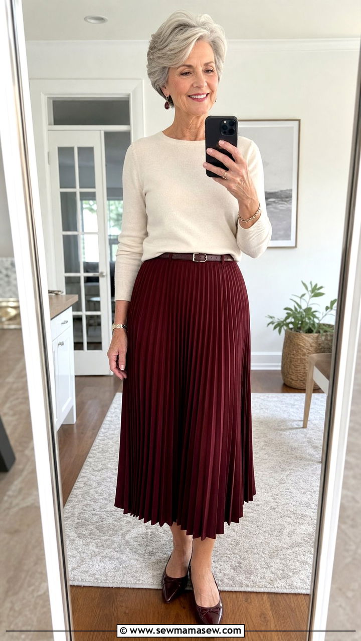 Pleated Midi Skirt With a Fitted Knit Top - 25 Cute outfits for women over 60