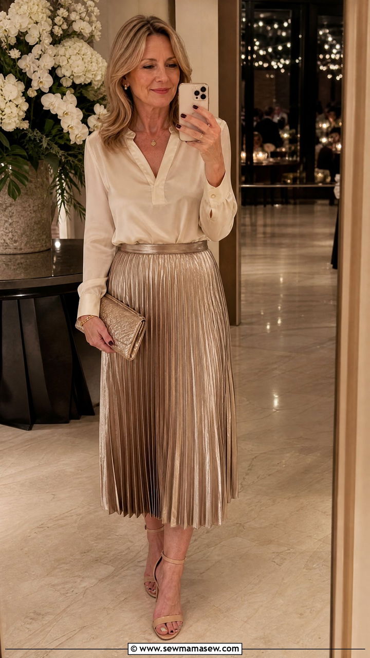 Pleated Midi Skirt With a Silk Blouse - 25 Fashion over 50 outfit ideas